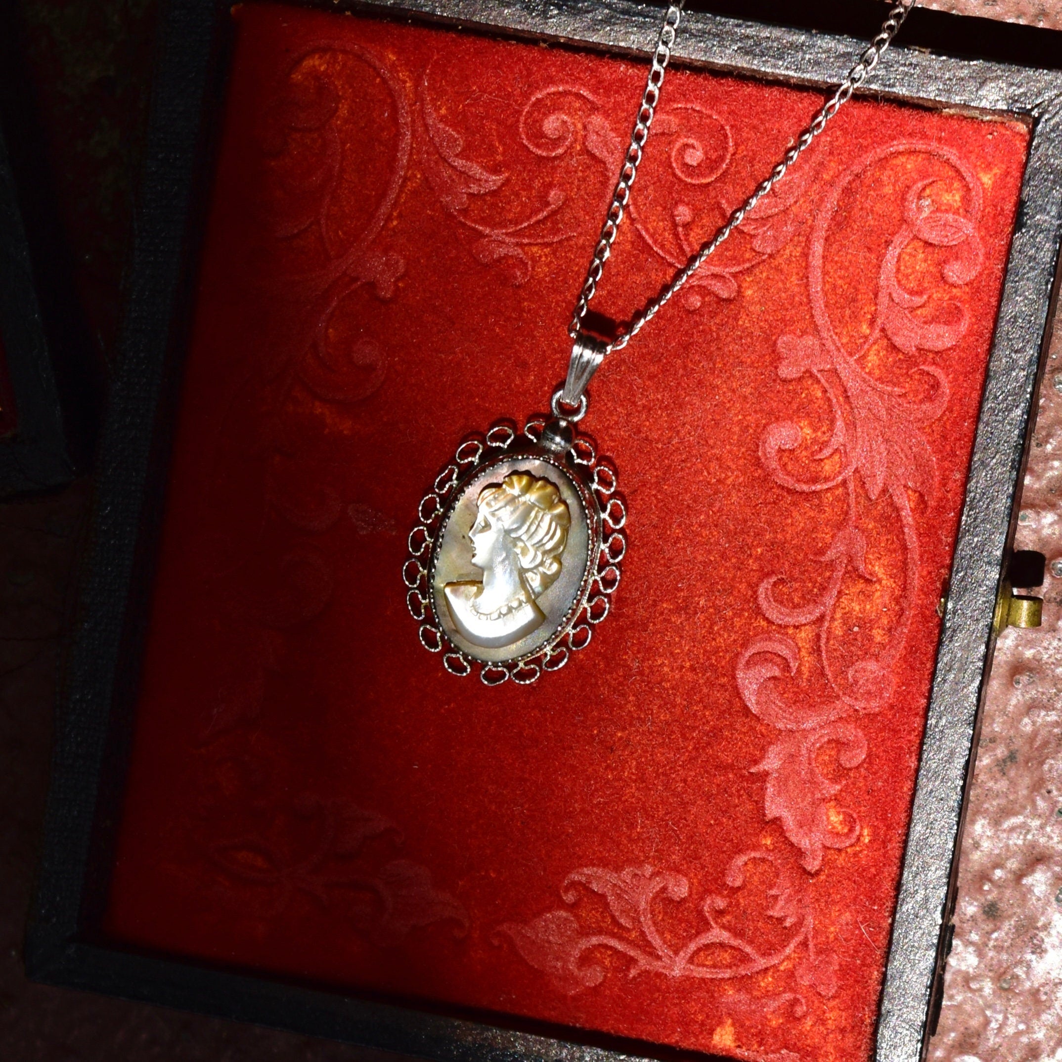 Vintage Sterling Silver Abalone Cameo Pendant Necklace, Classic Relief Shell Carving, Filigree Setting, 1 mm Cable Chain, 15" L