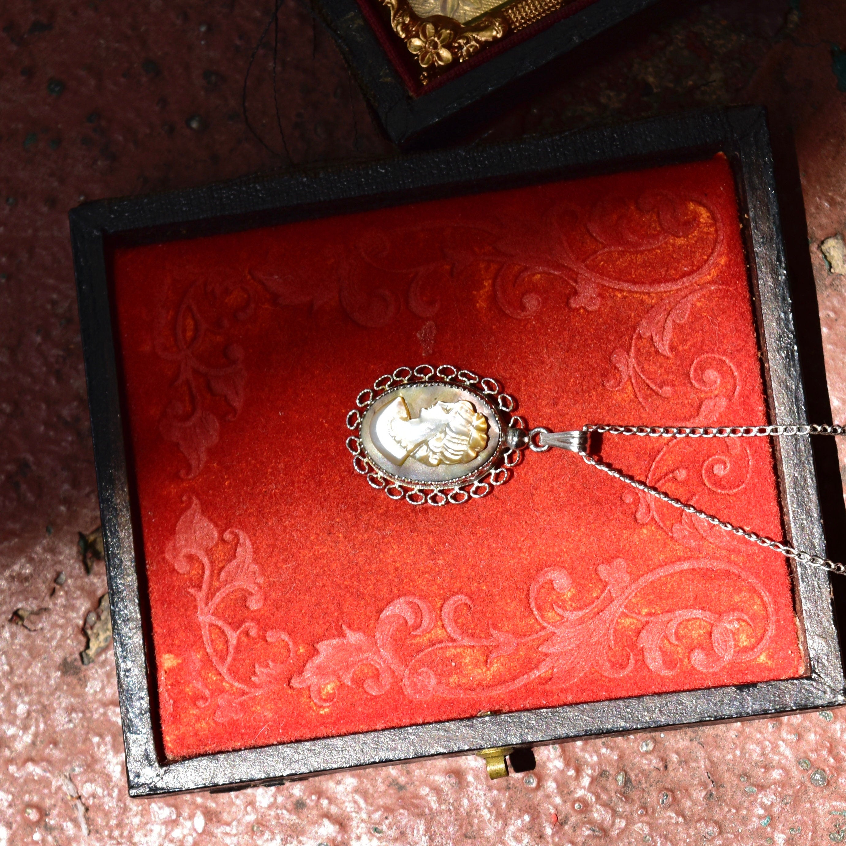 Vintage Sterling Silver Abalone Cameo Pendant Necklace, Classic Relief Shell Carving, Filigree Setting, 1 mm Cable Chain, 15" L
