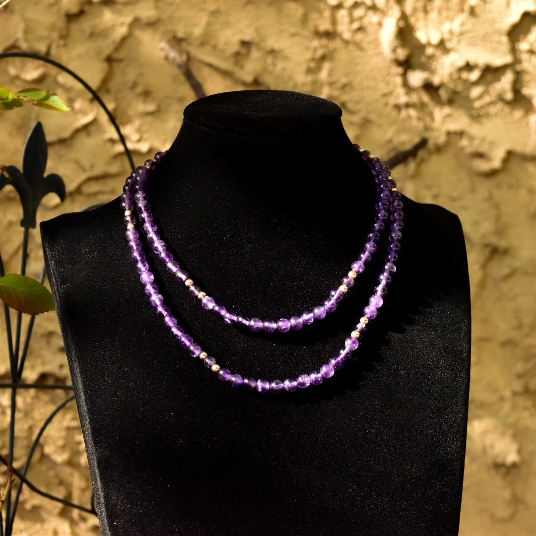 Vintage 14K Purple Jade Knotted Bead Necklace, Polished 6mm Round Jade Beads, 4mm Gold Bead Accents, Layered Beads, Gemstone Jewelry, 31" L