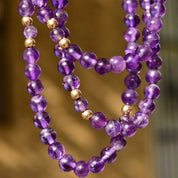 Vintage 14K Purple Jade Knotted Bead Necklace, Polished 6mm Round Jade Beads, 4mm Gold Bead Accents, Layered Beads, Gemstone Jewelry, 31" L