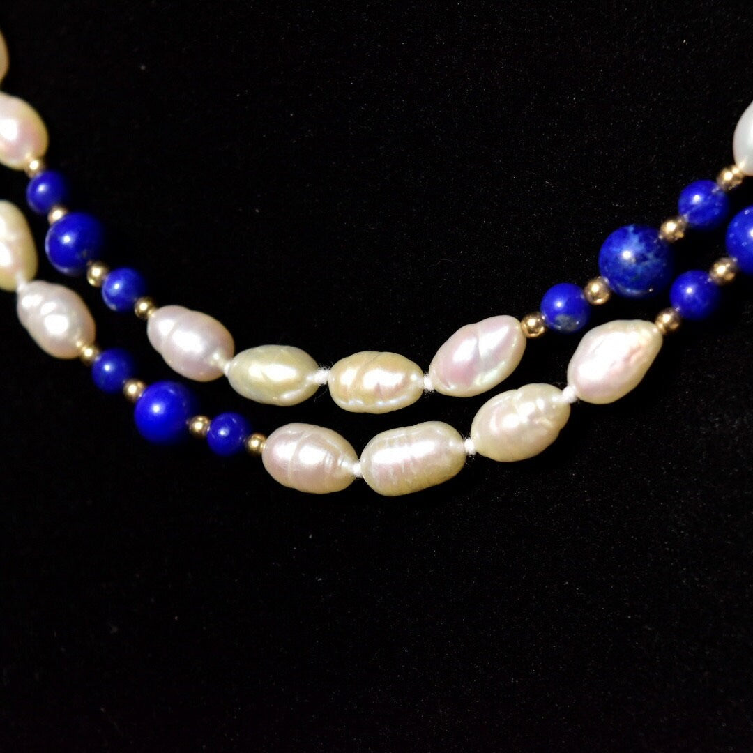 Vintage 14K Fresh Water Pearl and Lapis Lazuli Knotted Bead Necklace, Baroque Pearls, Polished Lapis Lazuli, Gold Bead Accents, 29" L