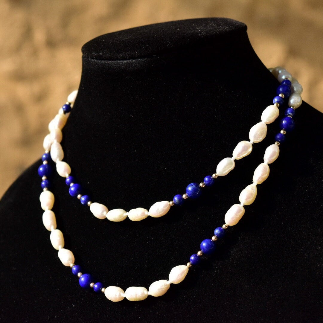 Vintage 14K Fresh Water Pearl and Lapis Lazuli Knotted Bead Necklace, Baroque Pearls, Polished Lapis Lazuli, Gold Bead Accents, 29" L