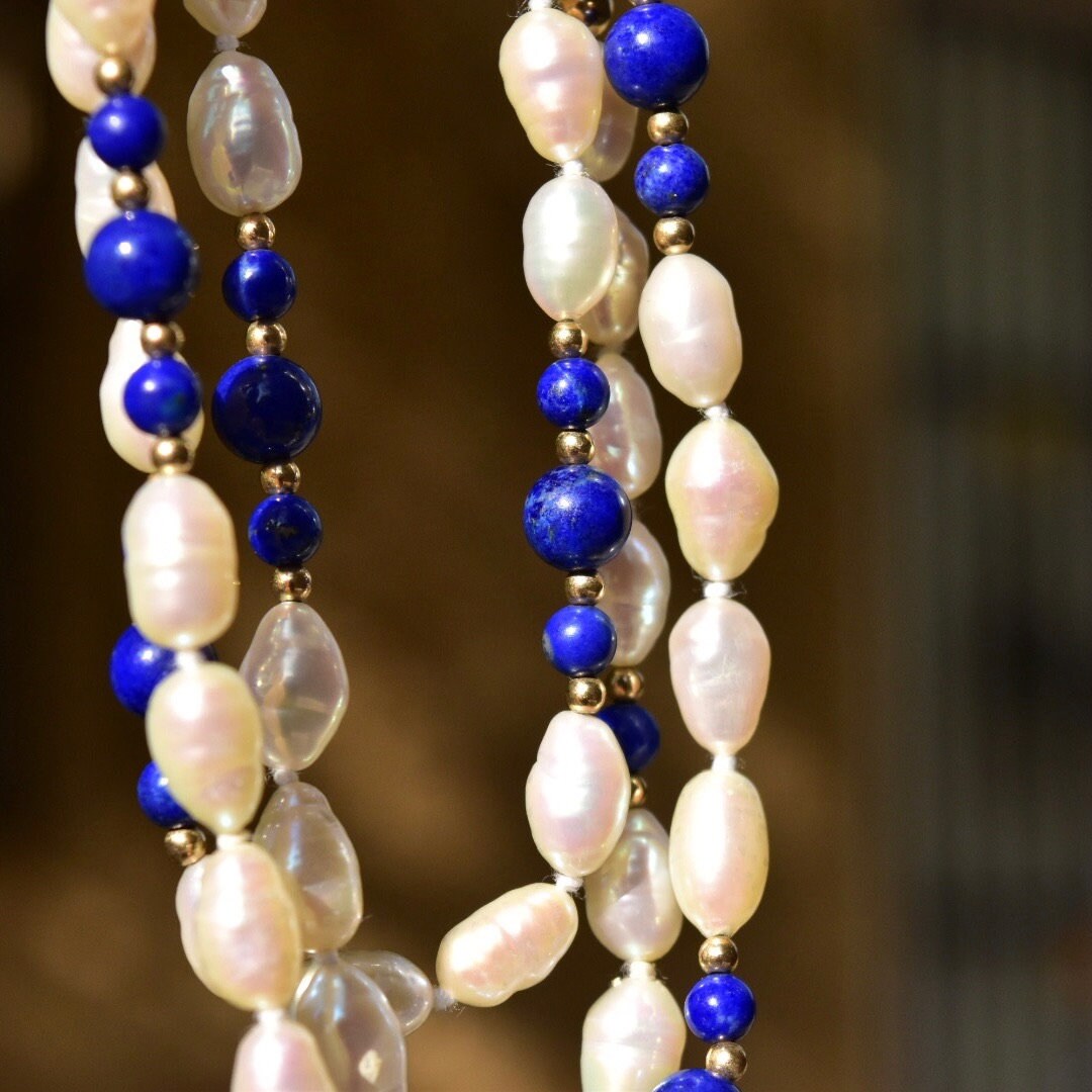 Vintage 14K Fresh Water Pearl and Lapis Lazuli Knotted Bead Necklace, Baroque Pearls, Polished Lapis Lazuli, Gold Bead Accents, 29" L