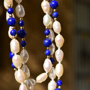 Vintage 14K Fresh Water Pearl and Lapis Lazuli Knotted Bead Necklace, Baroque Pearls, Polished Lapis Lazuli, Gold Bead Accents, 29" L