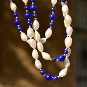 Vintage 14K Fresh Water Pearl and Lapis Lazuli Knotted Bead Necklace, Baroque Pearls, Polished Lapis Lazuli, Gold Bead Accents, 29" L
