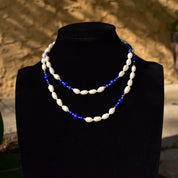 Vintage 14K Fresh Water Pearl and Lapis Lazuli Knotted Bead Necklace, Baroque Pearls, Polished Lapis Lazuli, Gold Bead Accents, 29" L