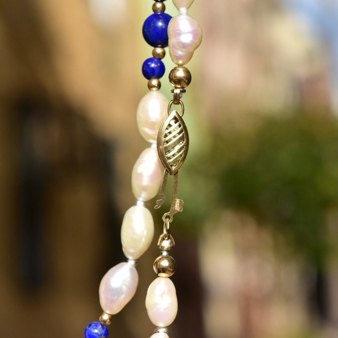 Vintage 14K Fresh Water Pearl and Lapis Lazuli Knotted Bead Necklace, Baroque Pearls, Polished Lapis Lazuli, Gold Bead Accents, 29" L