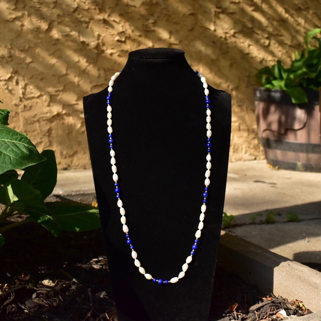 Vintage 14K Fresh Water Pearl and Lapis Lazuli Knotted Bead Necklace, Baroque Pearls, Polished Lapis Lazuli, Gold Bead Accents, 29" L