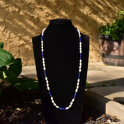 Vintage 14K Fresh Water Pearl and Lapis Lazuli Knotted Bead Necklace, Baroque Pearls, Polished Lapis Lazuli, Gold Bead Accents, 29" L