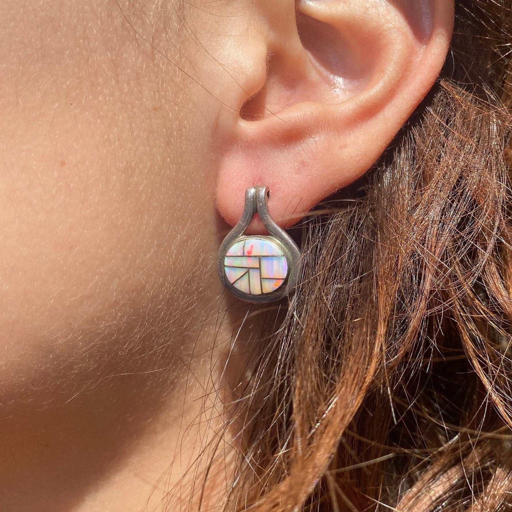 Vintage Sterling Silver Opal Inlay Stud Earrings, Iridescent White Opal Mosaic Inlay, Opal Drop Stud Earrings, 925 Earrings, 2.5 cm