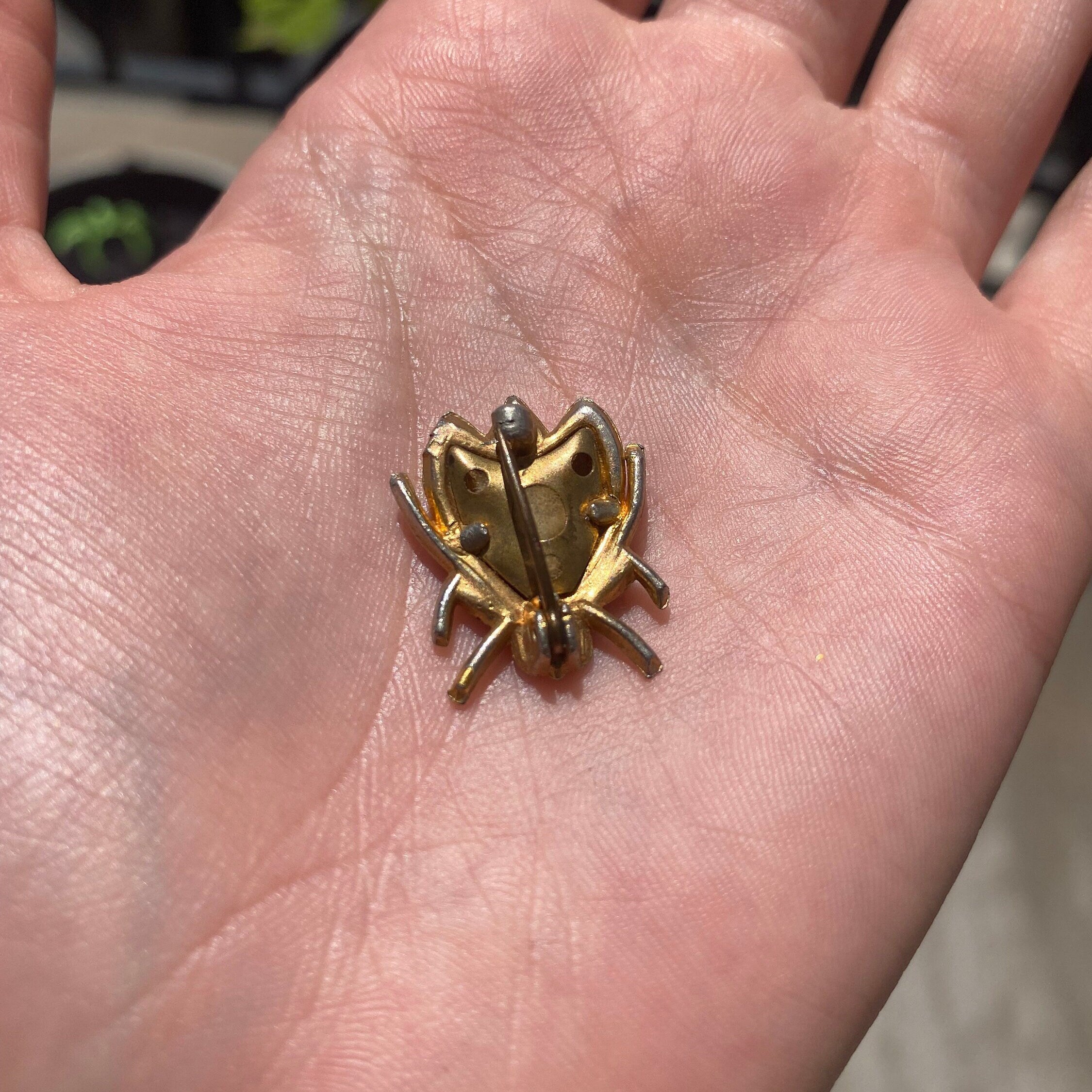 Vintage Gold-Toned Ruby Eyed Beetle Brooch, Cute Beetle Pin With Small Gemstones, Animal Jewelry