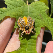 Vintage Gold-Toned Ruby Eyed Beetle Brooch, Cute Beetle Pin With Small Gemstones, Animal Jewelry