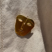 Vintage Maxine Denker Gold-Toned Tribal Face Mask Brooch Pin, Abstract Modernist, Engraved Face Mask Brooch, Unique Jacket Pin, 45 mm