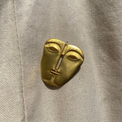 Vintage Maxine Denker Gold-Toned Tribal Face Mask Brooch Pin, Abstract Modernist, Engraved Face Mask Brooch, Unique Jacket Pin, 45 mm