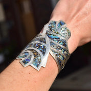 Vintage TAXCO Sterling Silver Abalone Inlay Bypass Clamper Cuff Bracelet, BHR 925, Iridescent Swirl Shell Design, Bohemian Modernist, 6"