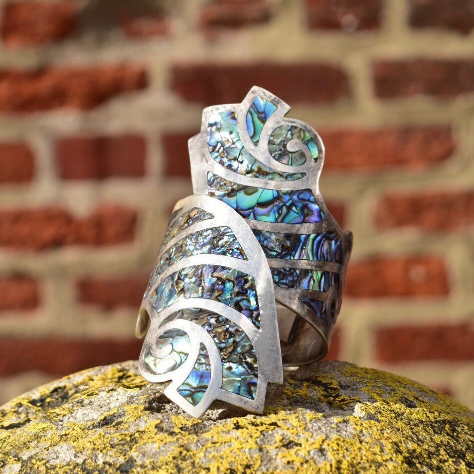 Vintage TAXCO Sterling Silver Abalone Inlay Bypass Clamper Cuff Bracelet, BHR 925, Iridescent Swirl Shell Design, Bohemian Modernist, 6"