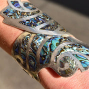 Vintage TAXCO Sterling Silver Abalone Inlay Bypass Clamper Cuff Bracelet, BHR 925, Iridescent Swirl Shell Design, Bohemian Modernist, 6"