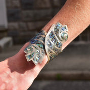 Vintage TAXCO Sterling Silver Abalone Inlay Bypass Clamper Cuff Bracelet, BHR 925, Iridescent Swirl Shell Design, Bohemian Modernist, 6"