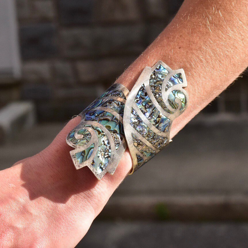 Vintage TAXCO Sterling Silver Abalone Inlay Bypass Clamper Cuff Bracelet, BHR 925, Iridescent Swirl Shell Design, Bohemian Modernist, 6"