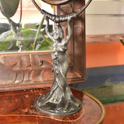 Antique Art Nouveau Figural Vanity Mirror, Cast Bronze Pedestal Swivel Mirror, Heavy Patina, Original Glass Mirror, 16 1/2 H