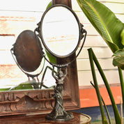 Antique Art Nouveau Figural Vanity Mirror, Cast Bronze Pedestal Swivel Mirror, Heavy Patina, Original Glass Mirror, 16 1/2 H