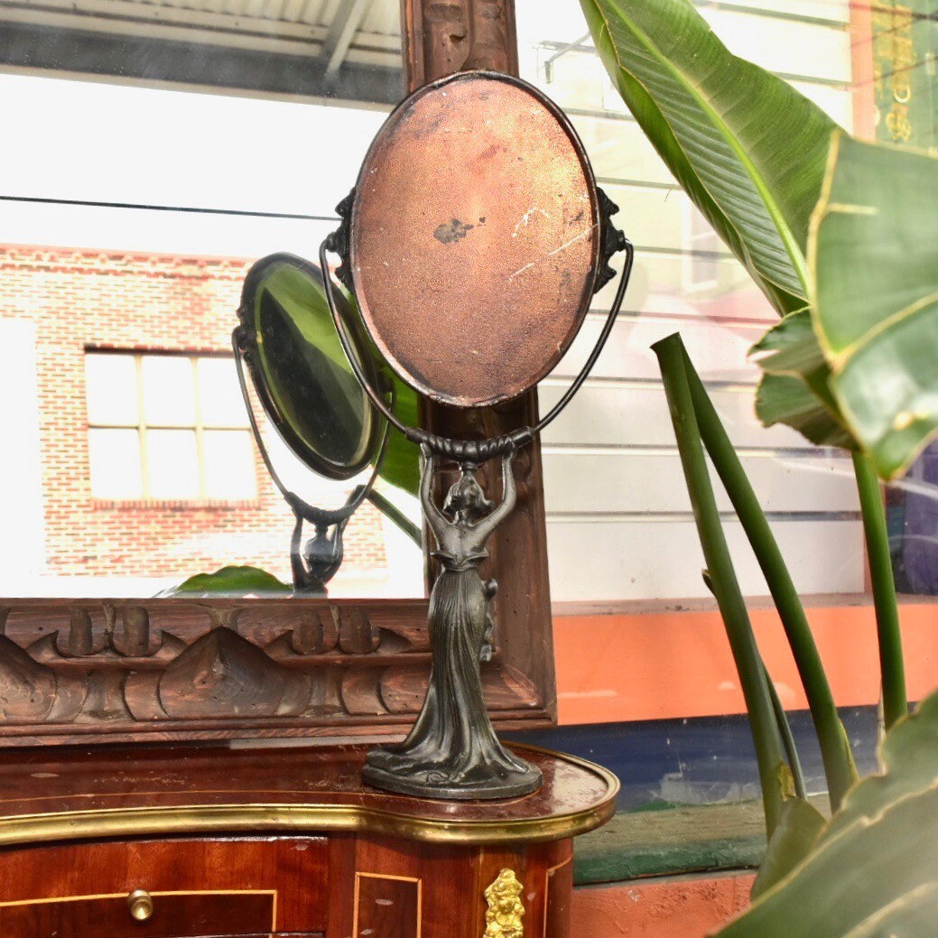Antique Art Nouveau Figural Vanity Mirror, Cast Bronze Pedestal Swivel Mirror, Heavy Patina, Original Glass Mirror, 16 1/2 H