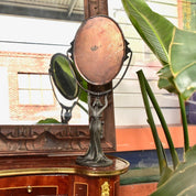 Antique Art Nouveau Figural Vanity Mirror, Cast Bronze Pedestal Swivel Mirror, Heavy Patina, Original Glass Mirror, 16 1/2 H
