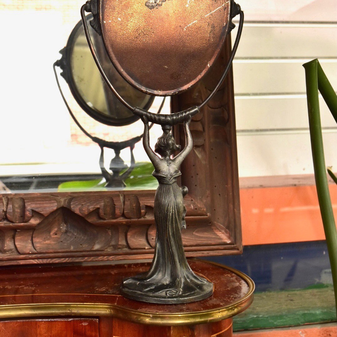 Antique Art Nouveau Figural Vanity Mirror, Cast Bronze Pedestal Swivel Mirror, Heavy Patina, Original Glass Mirror, 16 1/2 H