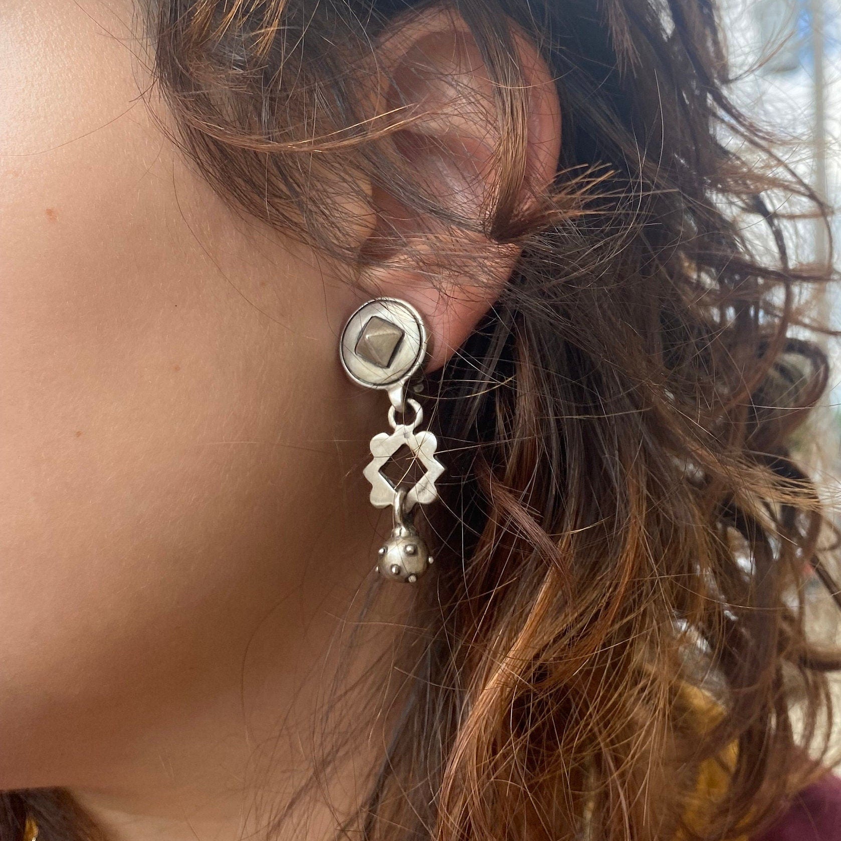 Vintage Lisa Jenks Modernist Sterling Silver Clip-On Earrings, Layered Earrings, Steam Punk Jewelry, Funky 925 Statement Jewelry
