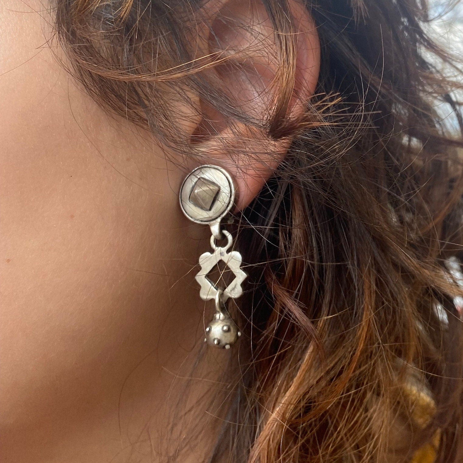 Vintage Lisa Jenks Modernist Sterling Silver Clip-On Earrings, Layered Earrings, Steam Punk Jewelry, Funky 925 Statement Jewelry