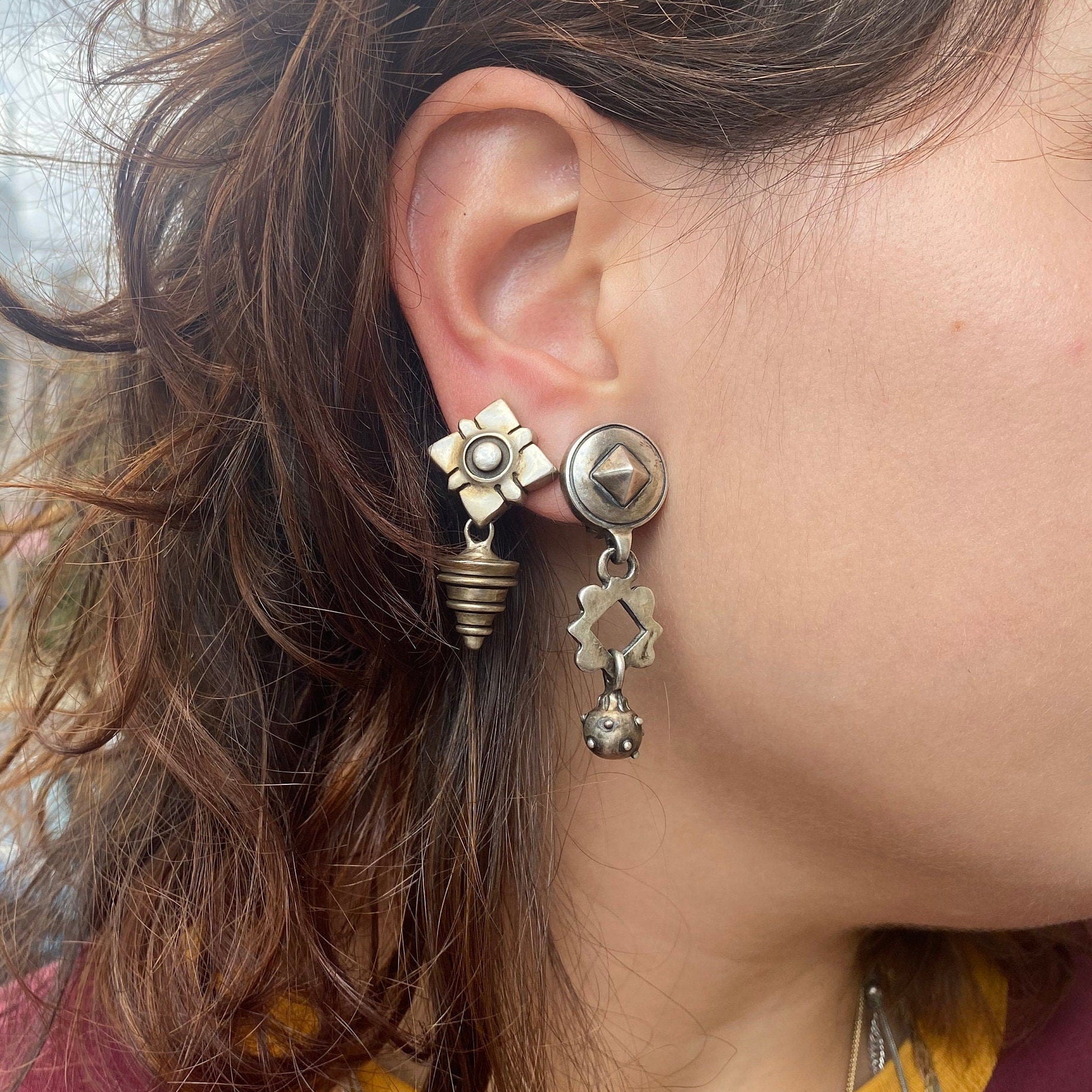 Vintage Lisa Jenks Modernist Sterling Silver Clip-On Earrings, Layered Earrings, Steam Punk Jewelry, Funky 925 Statement Jewelry