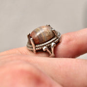 Vintage Bohemian Sterling Silver Rhodochrosite Cabochon Ring, Woven Silver Setting, 925 Statement Ring, Size 6 3/4 US