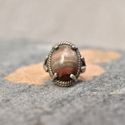 Vintage Bohemian Sterling Silver Rhodochrosite Cabochon Ring, Woven Silver Setting, 925 Statement Ring, Size 6 3/4 US