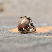Vintage Bohemian Sterling Silver Rhodochrosite Cabochon Ring, Woven Silver Setting, 925 Statement Ring, Size 6 3/4 US