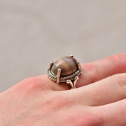 Vintage Bohemian Sterling Silver Rhodochrosite Cabochon Ring, Woven Silver Setting, 925 Statement Ring, Size 6 3/4 US