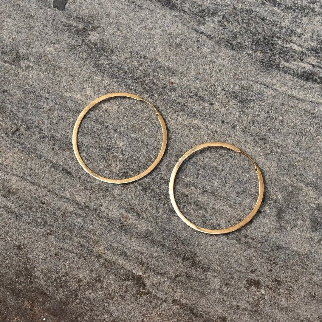 Vintage Solid 14K Gold Hoop Earrings, Flat Round Huggie Hoops, 585 Yellow Gold, Modernist Gold Hoops, 1 7/8"