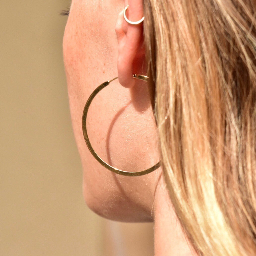 Vintage Solid 14K Gold Hoop Earrings, Flat Round Huggie Hoops, 585 Yellow Gold, Modernist Gold Hoops, 1 7/8"
