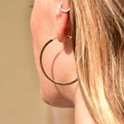 Vintage Solid 14K Gold Hoop Earrings, Flat Round Huggie Hoops, 585 Yellow Gold, Modernist Gold Hoops, 1 7/8"