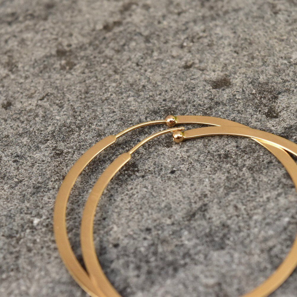 Vintage Solid 14K Gold Hoop Earrings, Flat Round Huggie Hoops, 585 Yellow Gold, Modernist Gold Hoops, 1 7/8"