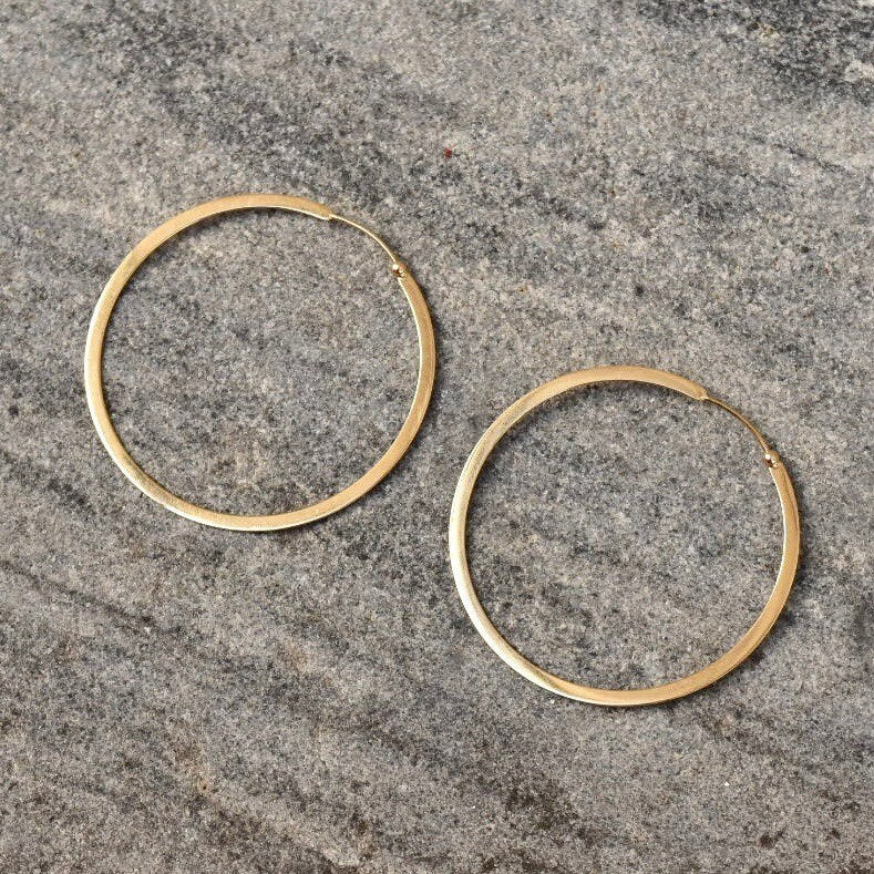 Vintage Solid 14K Gold Hoop Earrings, Flat Round Huggie Hoops, 585 Yellow Gold, Modernist Gold Hoops, 1 7/8"