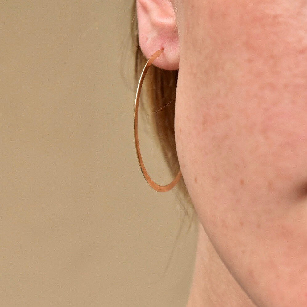 Vintage Solid 14K Gold Hoop Earrings, Flat Round Huggie Hoops, 585 Yellow Gold, Modernist Gold Hoops, 1 7/8"