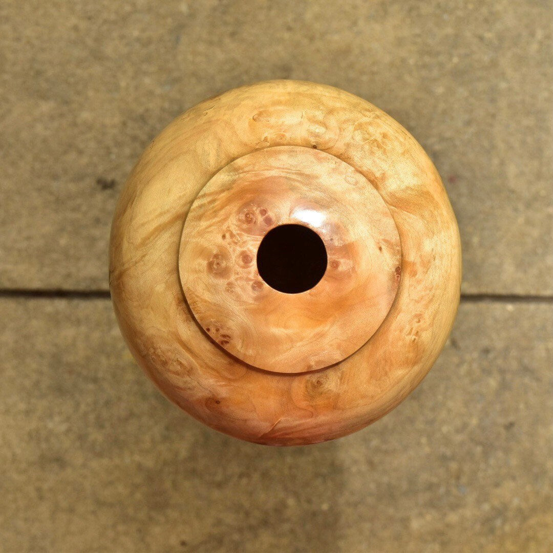 Vintage Signed Al Parry Figured Chestnut Vase, Decorative Wooden Vase, Contemporary Table Center Piece, 5.5" H