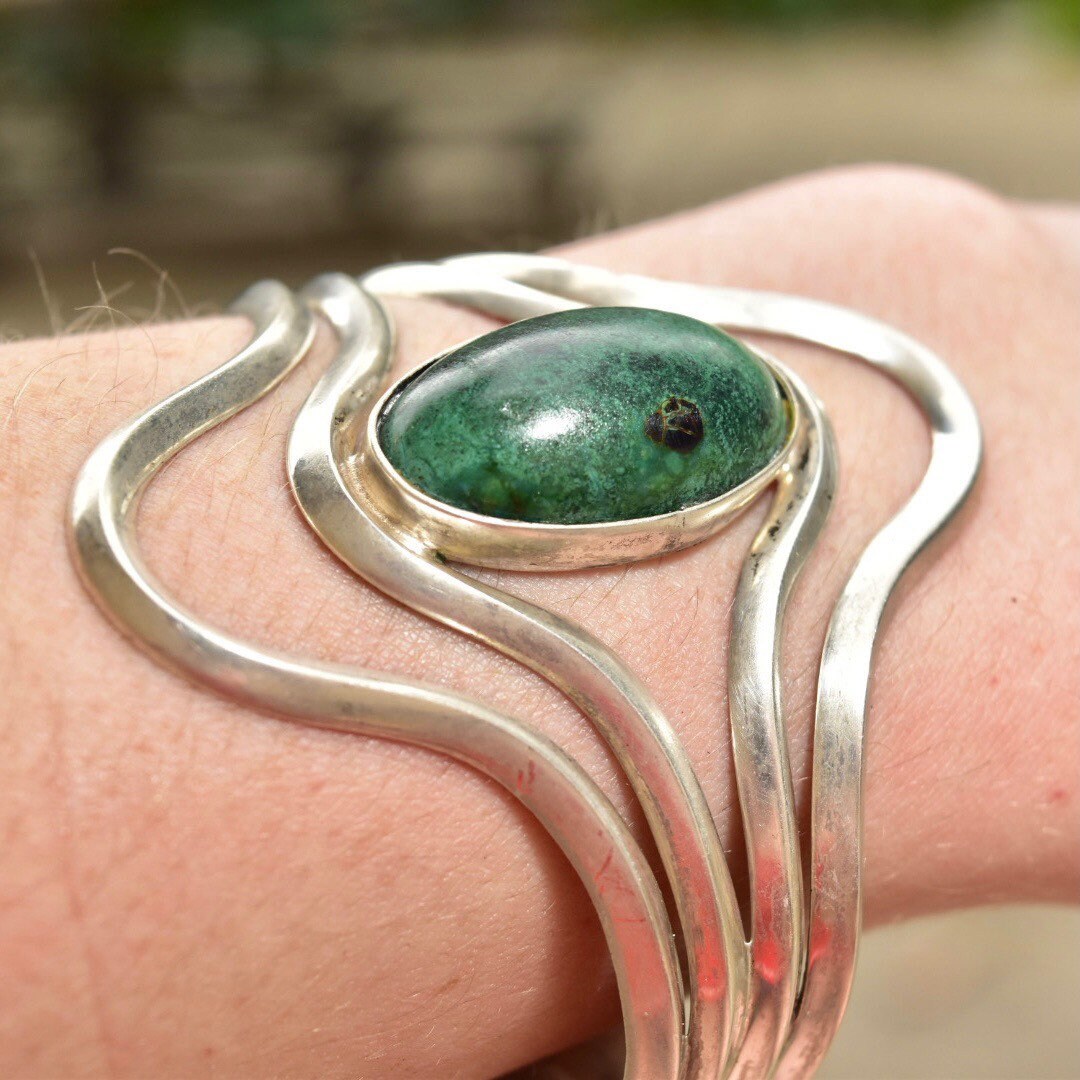 Vintage Modernist Sterling Silver Turquoise Cuff Bracelet, Adjustable, Natural Turquoise Cabochon, 925 Jewelry,