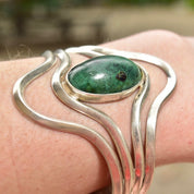 Vintage Modernist Sterling Silver Turquoise Cuff Bracelet, Adjustable, Natural Turquoise Cabochon, 925 Jewelry,