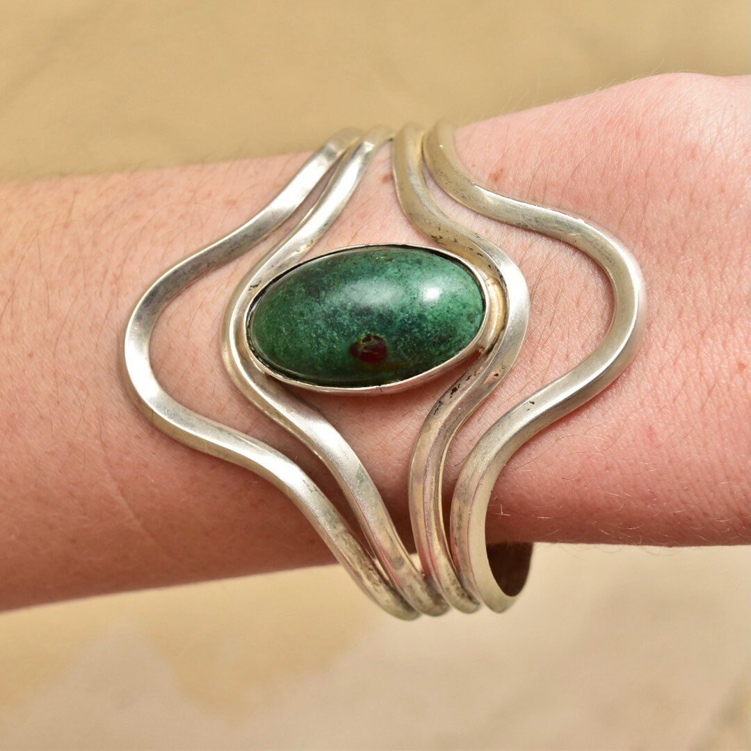 Vintage Modernist Sterling Silver Turquoise Cuff Bracelet, Adjustable, Natural Turquoise Cabochon, 925 Jewelry,