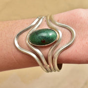 Vintage Modernist Sterling Silver Turquoise Cuff Bracelet, Adjustable, Natural Turquoise Cabochon, 925 Jewelry,