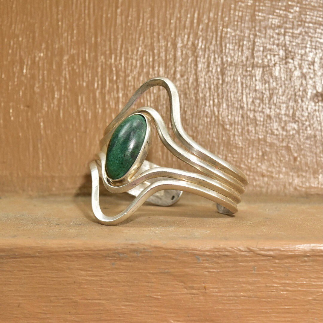 Vintage Modernist Sterling Silver Turquoise Cuff Bracelet, Adjustable, Natural Turquoise Cabochon, 925 Jewelry,