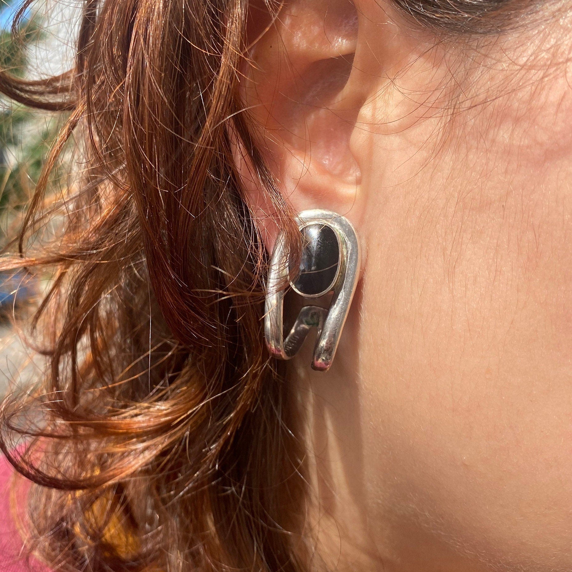 Vintage Sterling TAXCO Mexico TE-90 Post Back Curved Earrings, Pierced J-Hoops, Mexican Jewelry, 925 Chunky Solid Silver Studs, 35mm