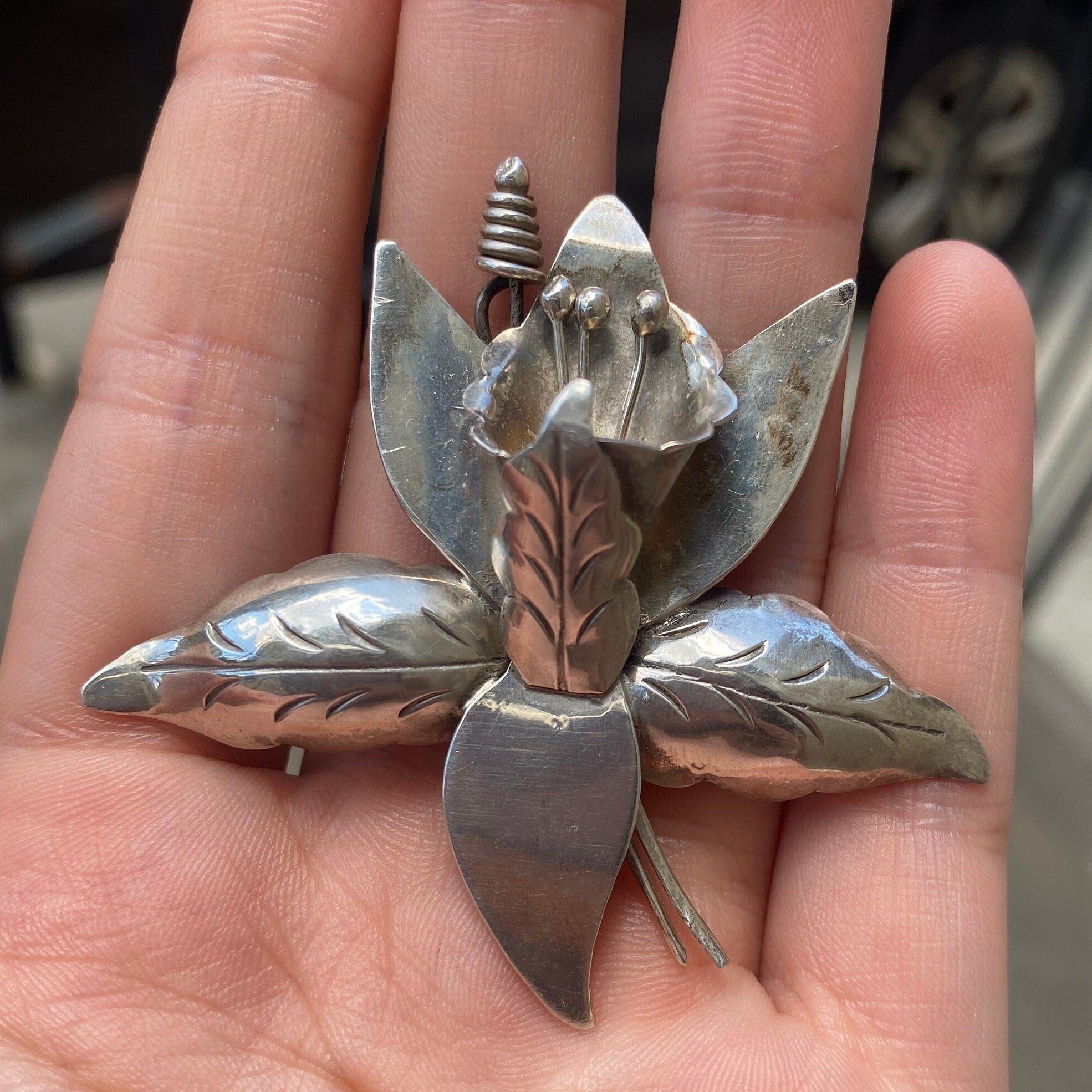 Vintage TAXCO Sterling Silver Lily Flower Brooch, Large Silver Flower Brooch, 925 Statement Accessory, Mexico 925 TC-84, 60mm