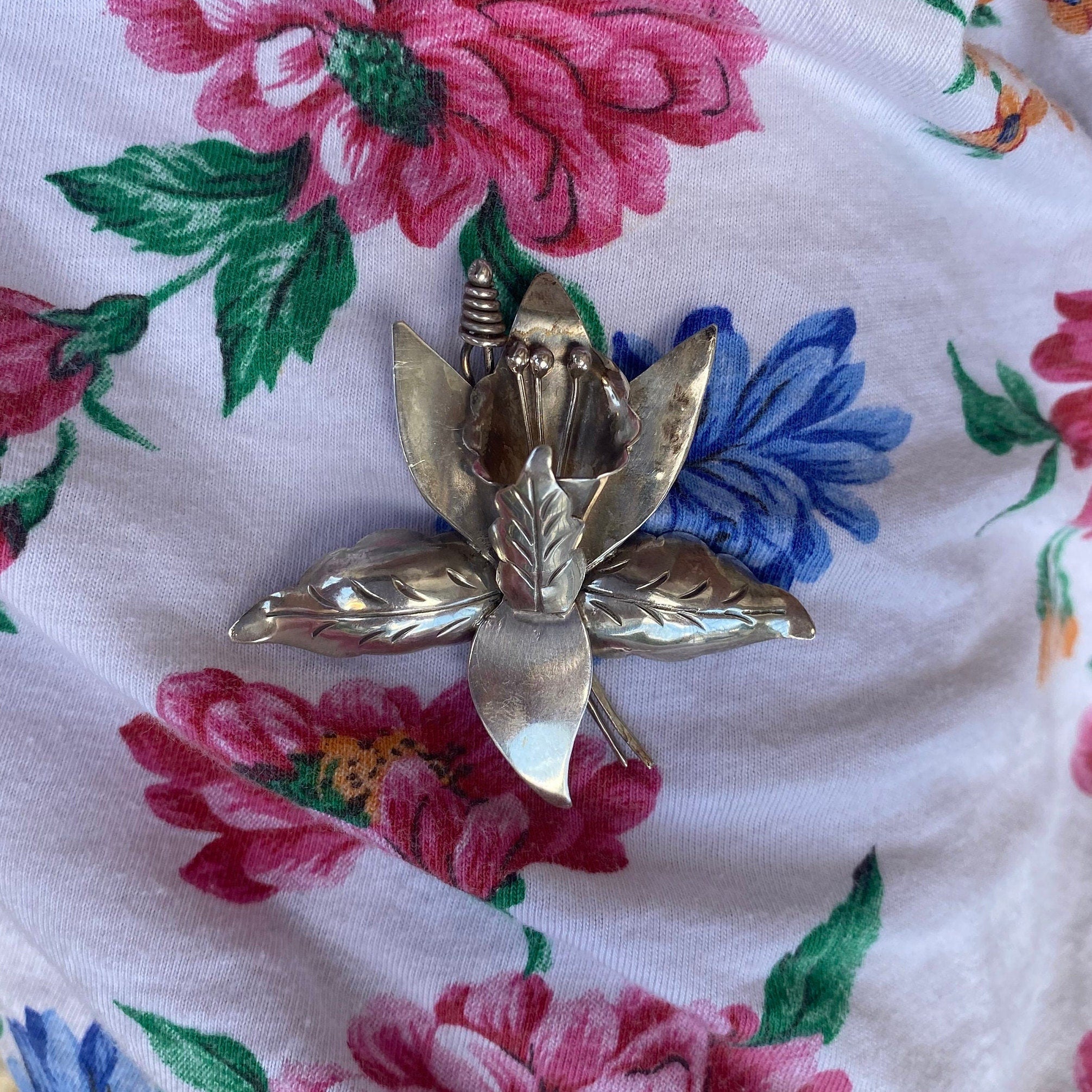 Vintage TAXCO Sterling Silver Lily Flower Brooch, Large Silver Flower Brooch, 925 Statement Accessory, Mexico 925 TC-84, 60mm